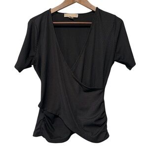 Michael Kors Black Ribbed Wrap Blouse M | Elegant Short Sleeve Top